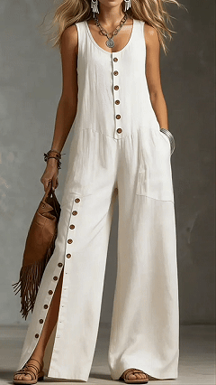 Women’s Sleeveless Linen Jumpsuit with Button Pockets