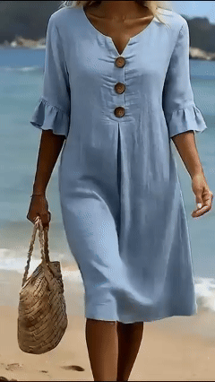Women’s Cotton-Linen Dress with V-Neck, Large Buttons, and Ruffled Sleeves