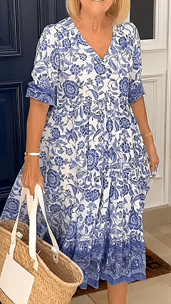 Women’s Blue and White Porcelain Print V-Neck Loose Ruffled Midi Dress