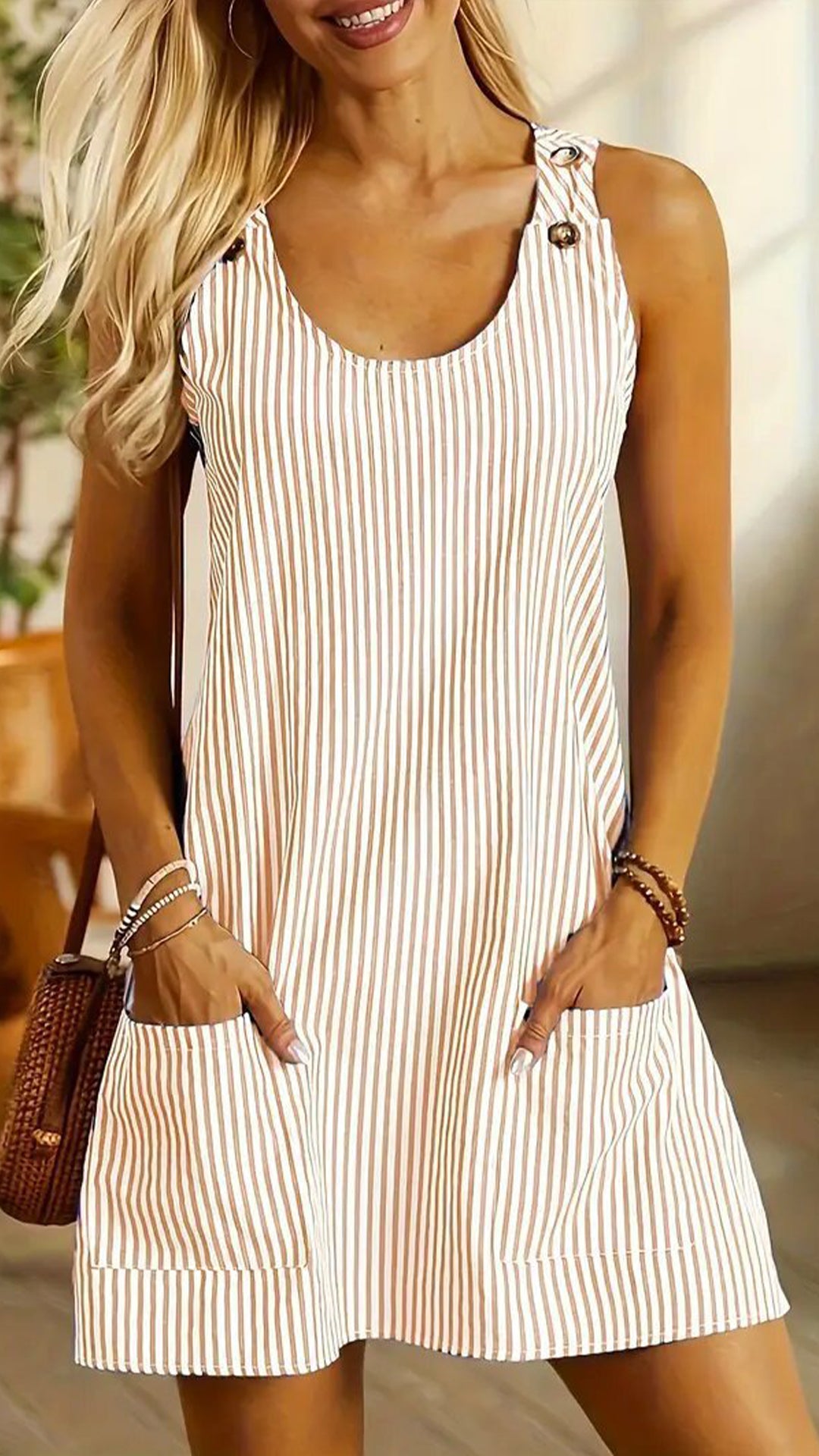 Women’s Adjustable Strap Striped Loose Overall Mini Dress