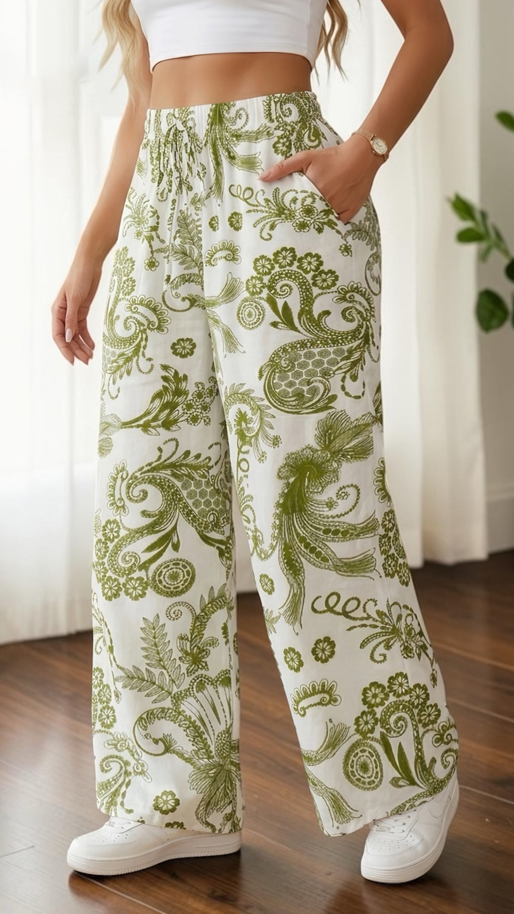Women’s  Elastic Waist Retro Print Loose Wide Leg Polyester Pants