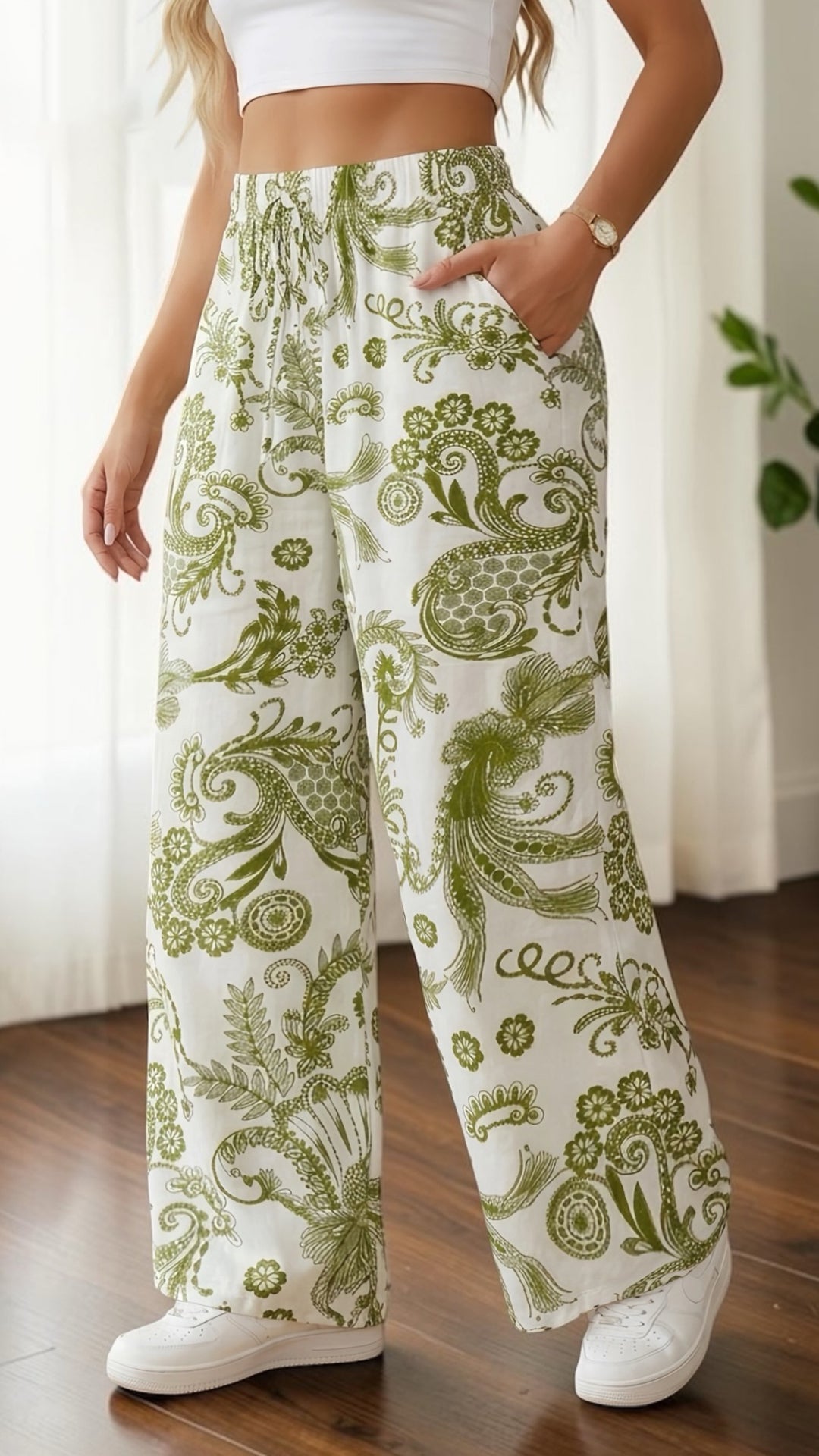 Women’s  Elastic Waist Retro Print Loose Wide Leg Polyester Pants