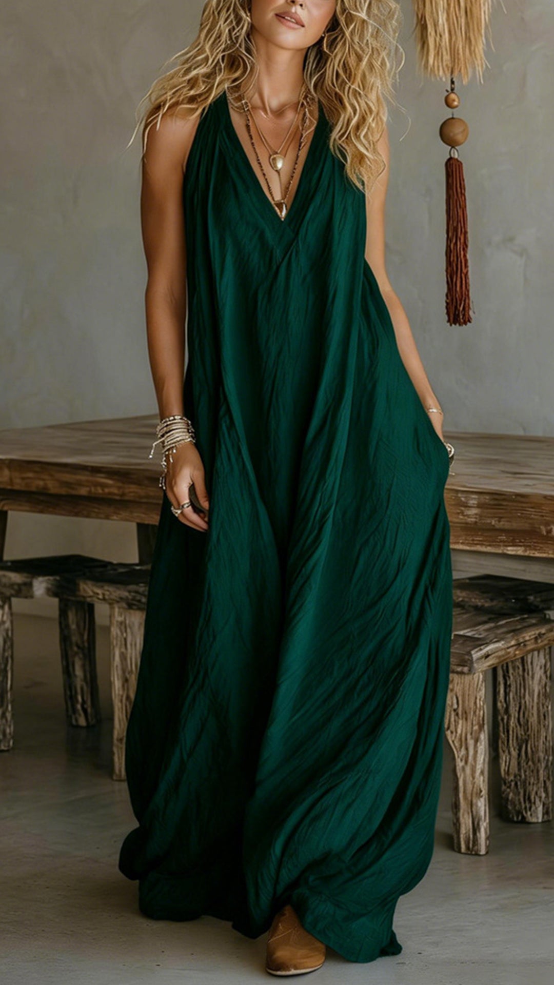 Women’s Halter V-Neck Linen-Blend Maxi Dress