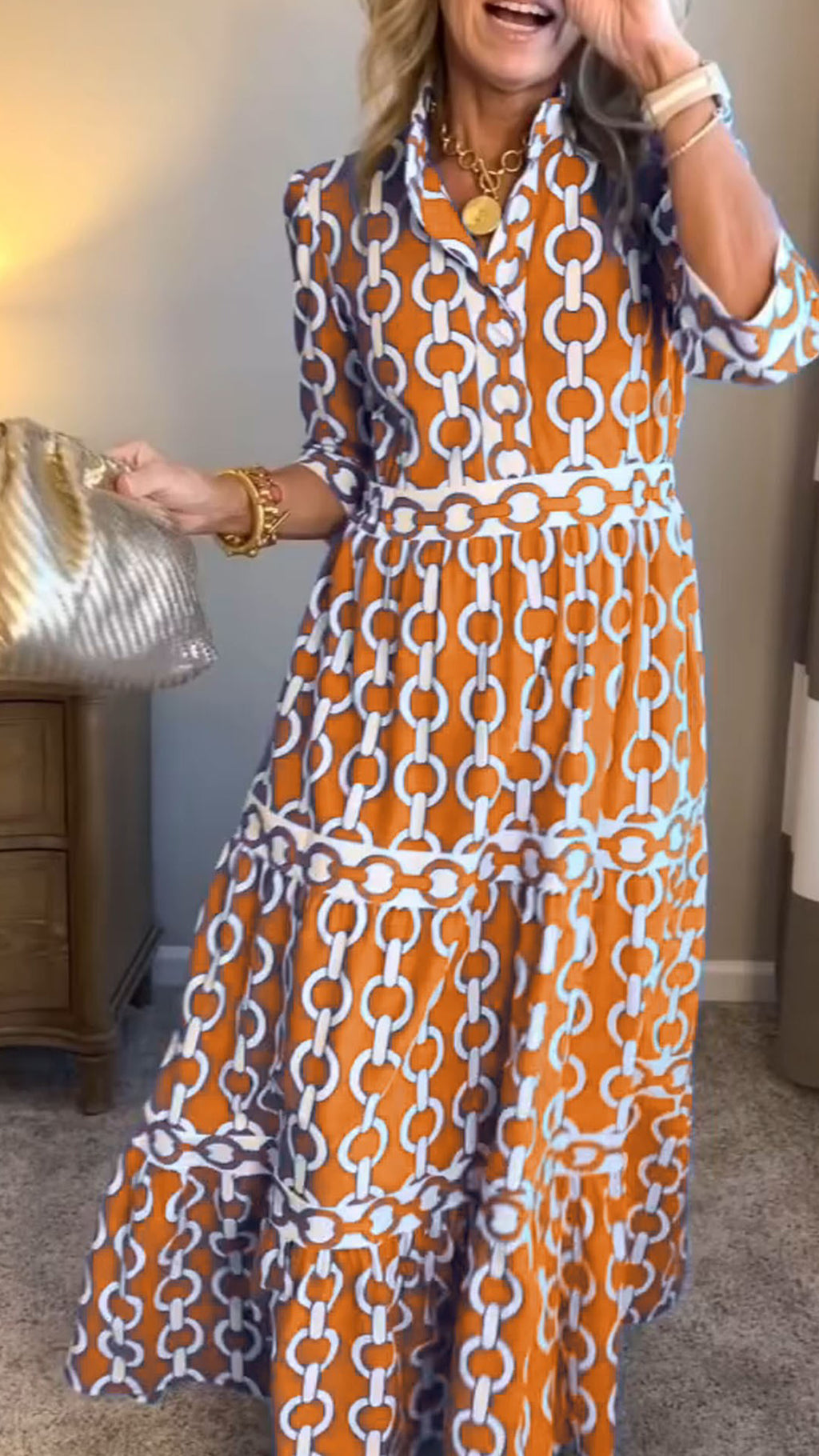Women’s  Casual Vacation Style – Chain Print Shirt Dress