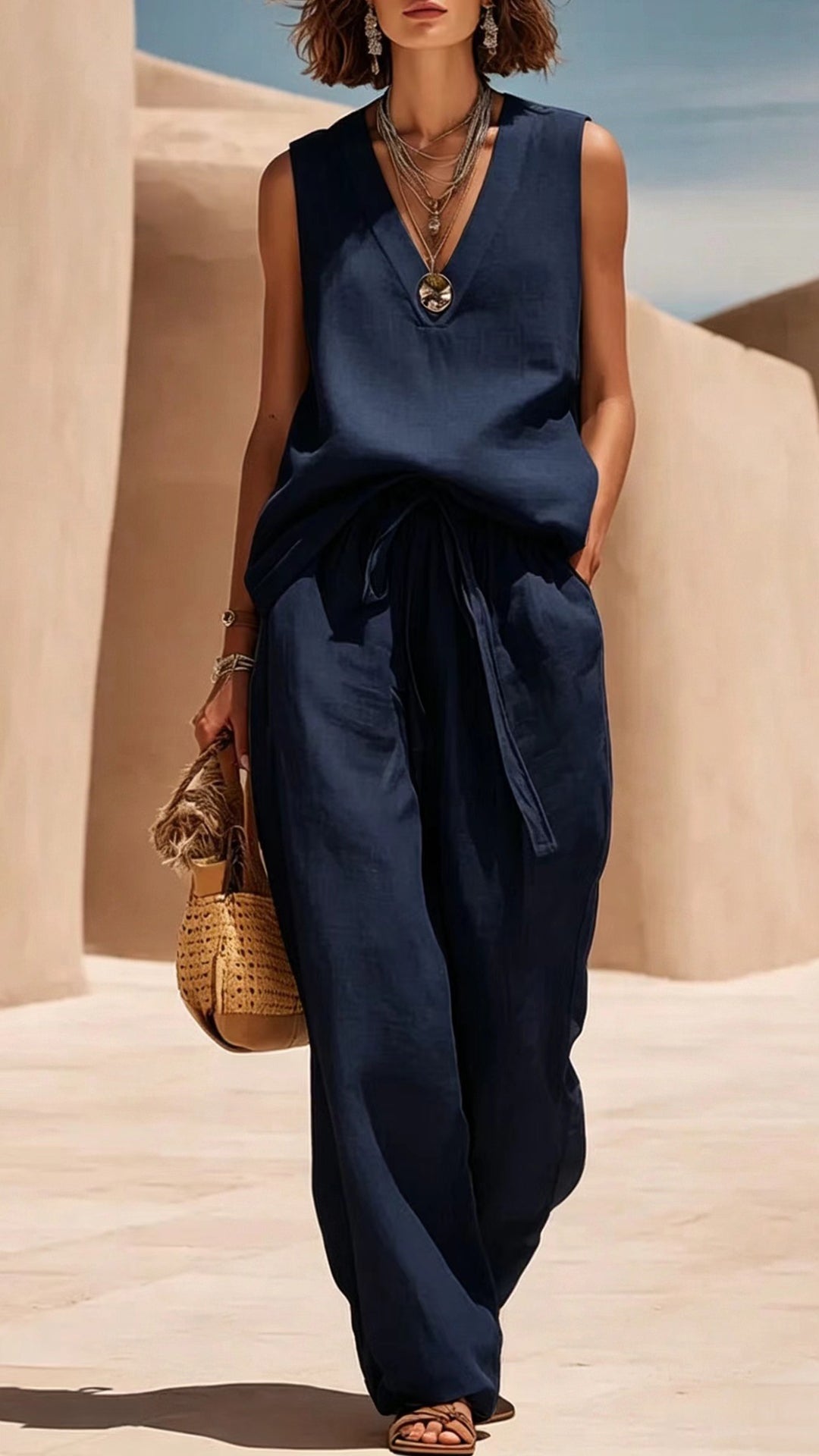 Women’s V-Neck Sleeveless Linen-Blend Set