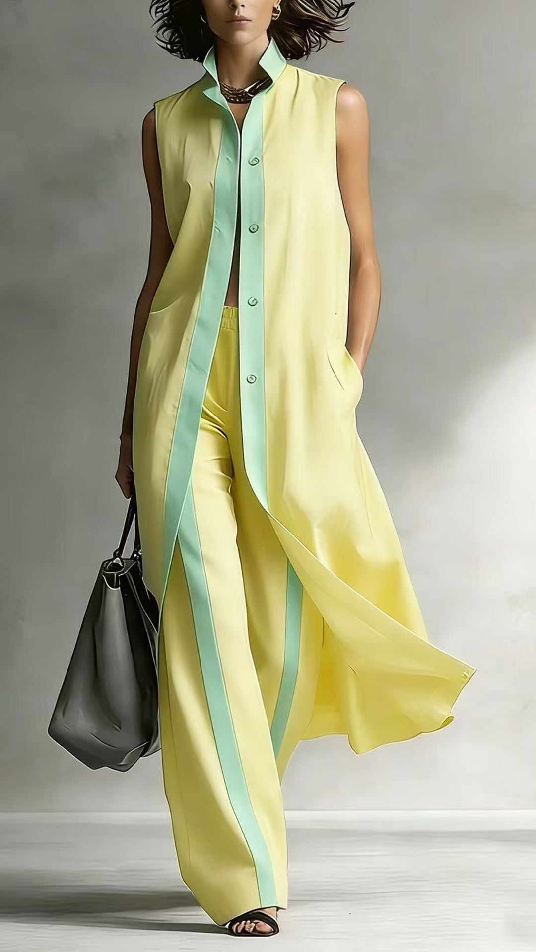Women’s Color-Blocked Sleeveless Long Shirt & Wide-Leg Pants Set