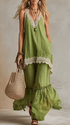 Women’s Bohemian-Style Vacation Dress with Lace Straps