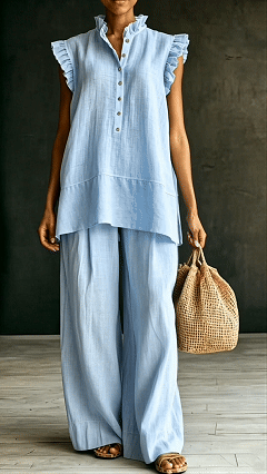 Women’s Ruffled Sleeveless Shirt and Loose-Fit Trousers Two-Piece Set
