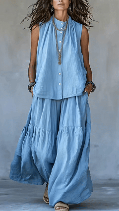 Women’s Two-Piece Set: Stand-Collar, Sleeveless Top with Front Placket & Wide-Leg Pants