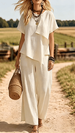 Women’s Stylish Casual Set: Irregular Short-Sleeve Top & Slit Wide-Leg Pants