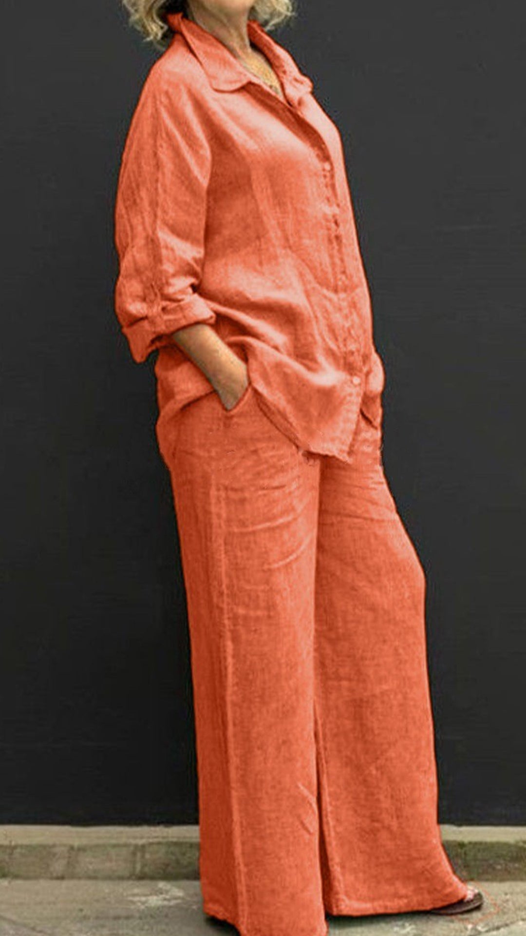 Women’s Linen Lapel Shirt & Wide-Leg Pants Two-Piece Set