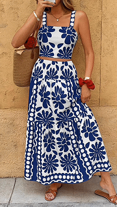 Women’s Vacation-Style Casual Printed Spaghetti-Strap Maxi Dress Set