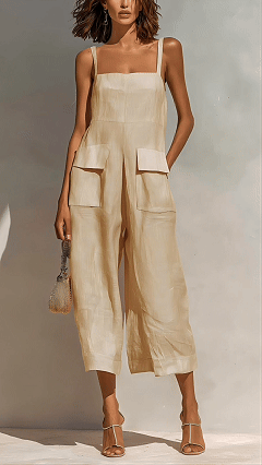 Women’s Elegant Sleeveless Cropped Jumpsuit — Loose Fit, Wide-Leg, Thin Straps, Patch Pockets