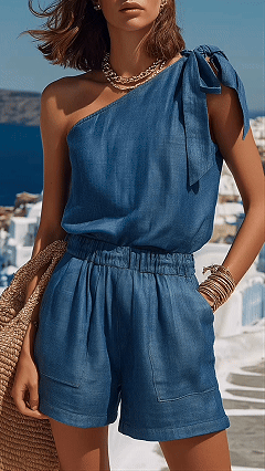 Women’s Fashionable & Casual Slim-Fit Vacation-Style One-Shoulder Top Two-Piece Set