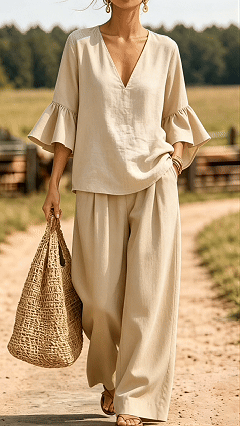 Women’s Casual & Comfortable Two-Piece Set: V-Neck Top with Ruffle Sleeves and Wide-Leg Pants