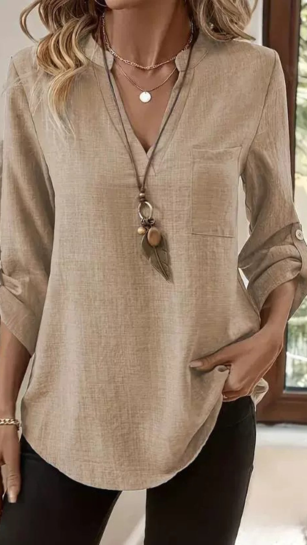 Women’s Army Green Linen-Blend Henley Shirt