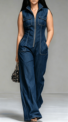 Women’s Faux-Denim Retro Stand-Collar Sleeveless Zip-Front Jumpsuit