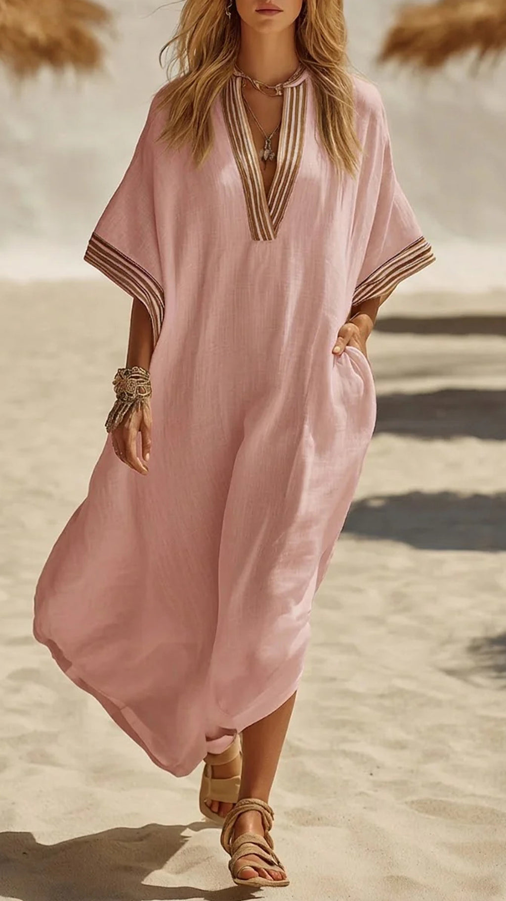 Women’s Striped Trim Cotton-Blend Kaftan Dress