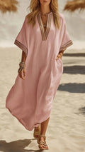 Women’s Striped Trim Cotton-Blend Kaftan Dress