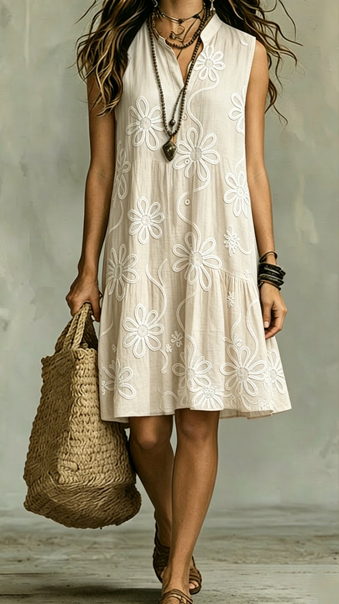 Women’s Floral Print Linen-Blend Sleeveless Dress
