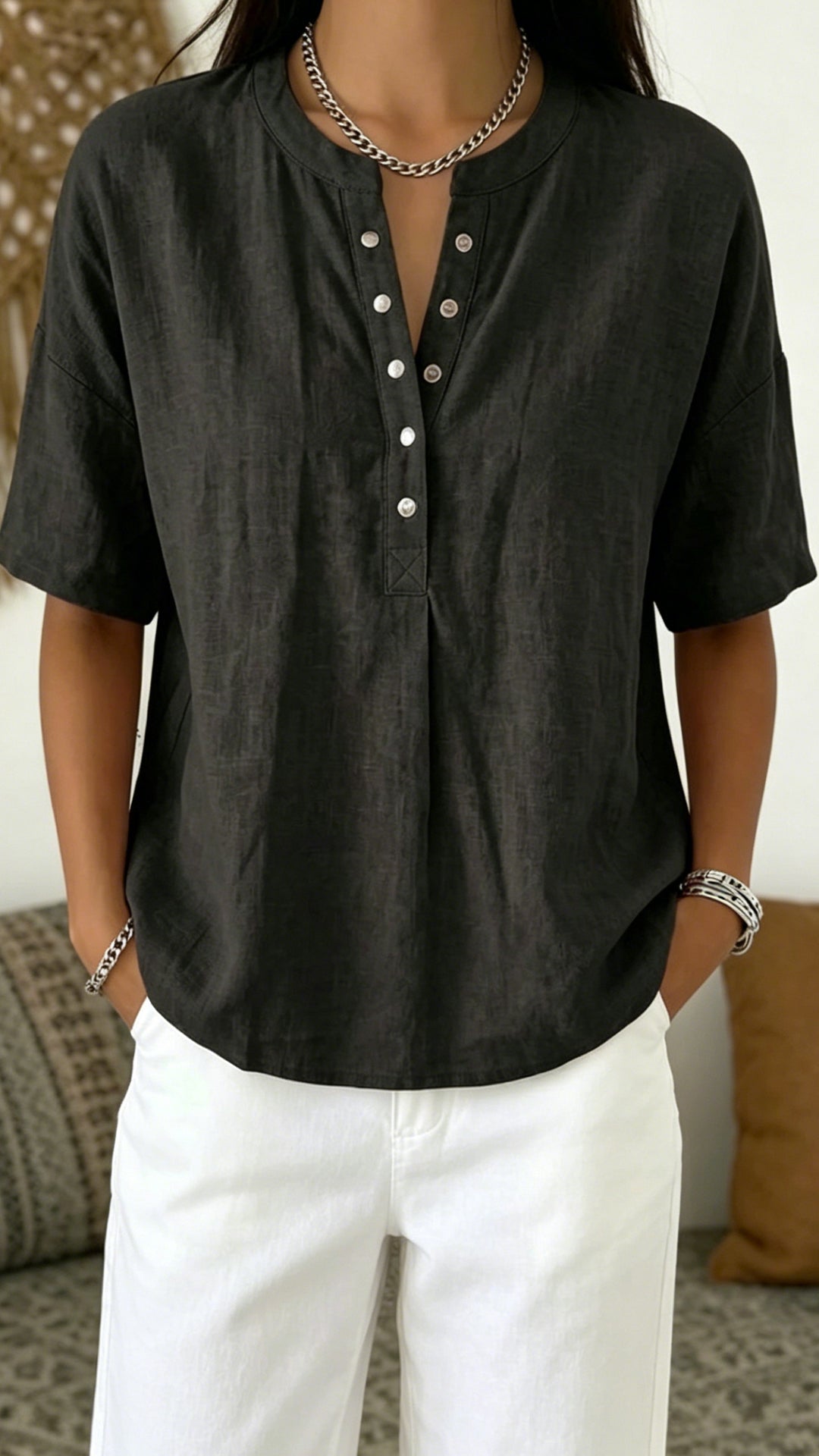 Women’s  Henley Neck Cotton-Blend Short-Sleeve Top