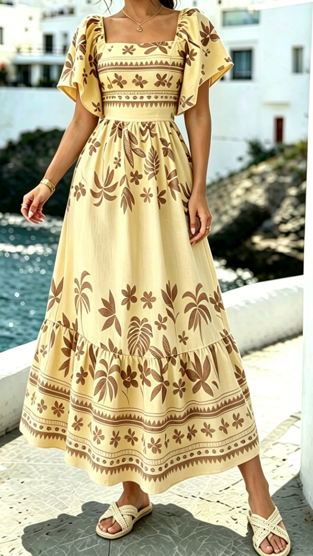 Women’s Printed Dress with Square Neckline and Flutter Sleeves