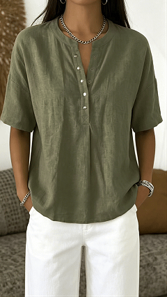 Women’s  Henley Neck Cotton-Blend Short-Sleeve Top
