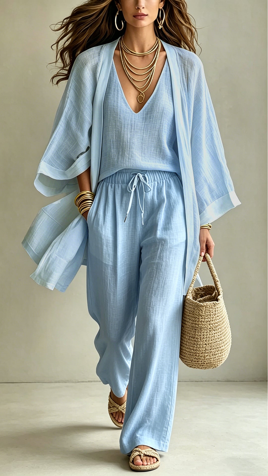Women’s  Linen-Blend Three-Piece Set(Kimono + Tank + Pants)