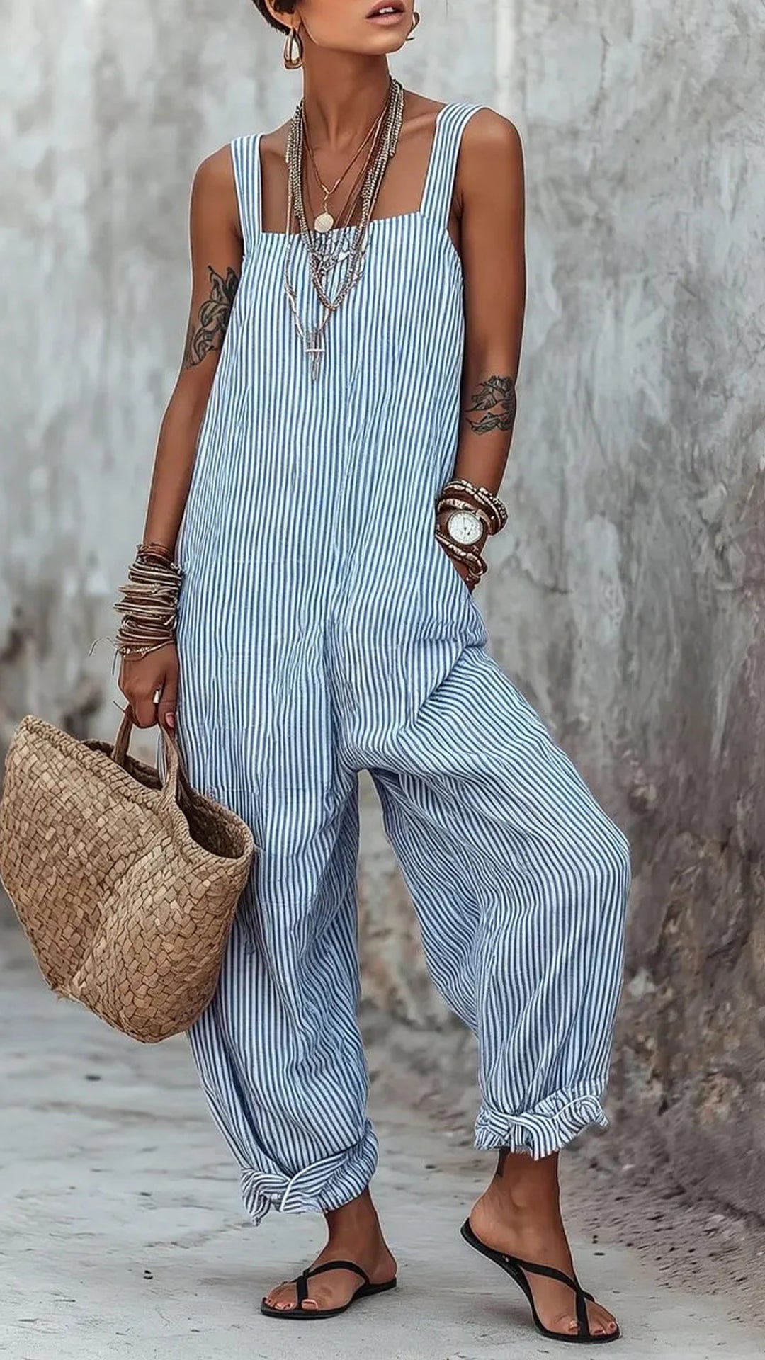 Women’s Minimalist Striped Loose-Fit Square-Neck Sleeveless Jumpsuit