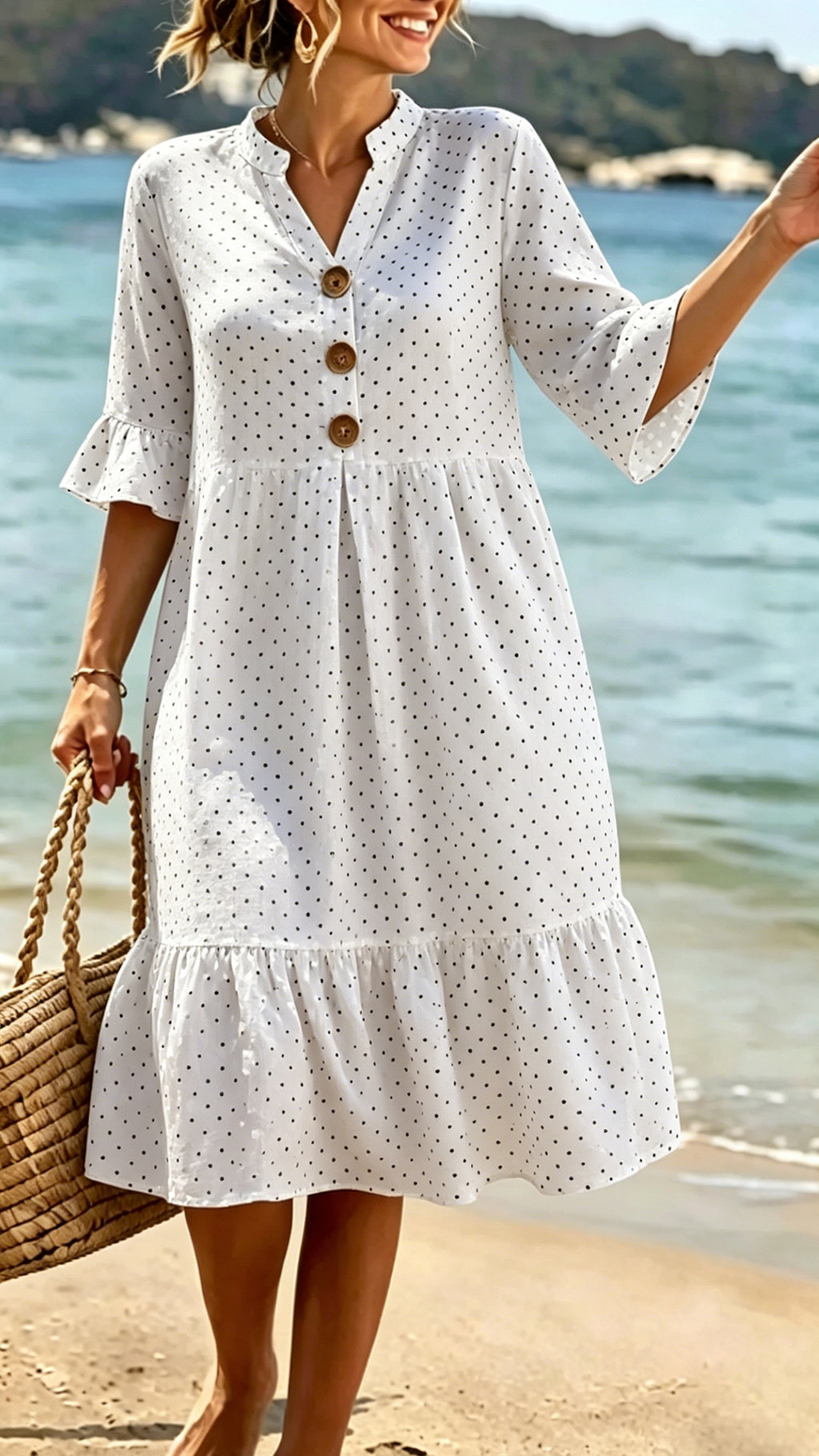 Women’s Cotton-Blend Polka Dot Ruffle Hem Dress
