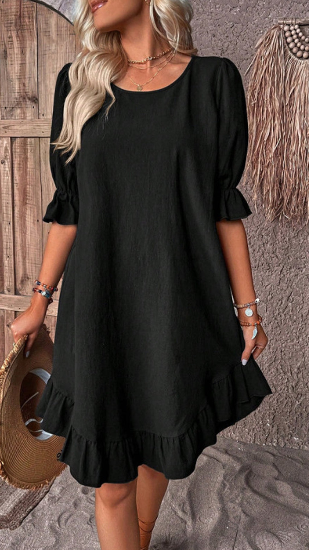 Women’s Cotton-Linen Round Neck Ruffle Hem Dress