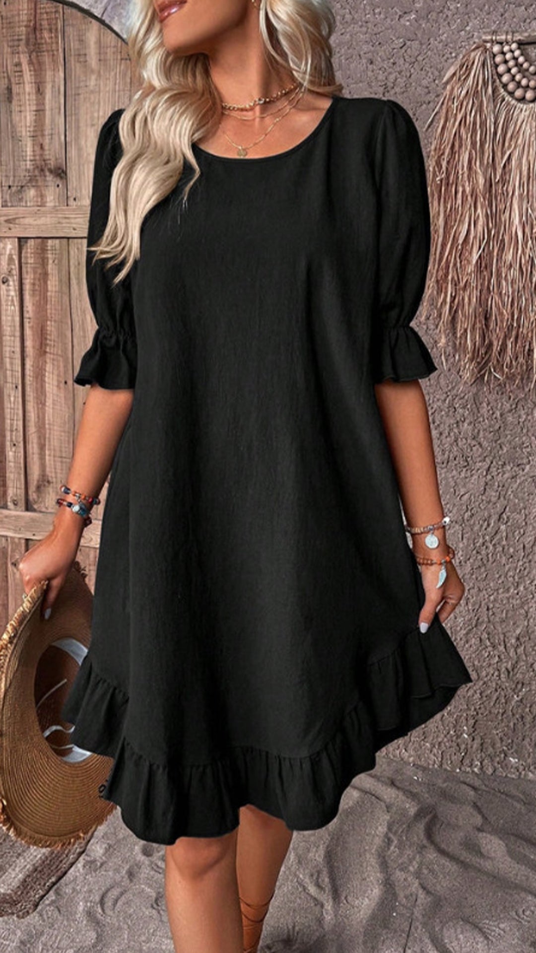 Women’s Cotton-Linen Round Neck Ruffle Hem Dress