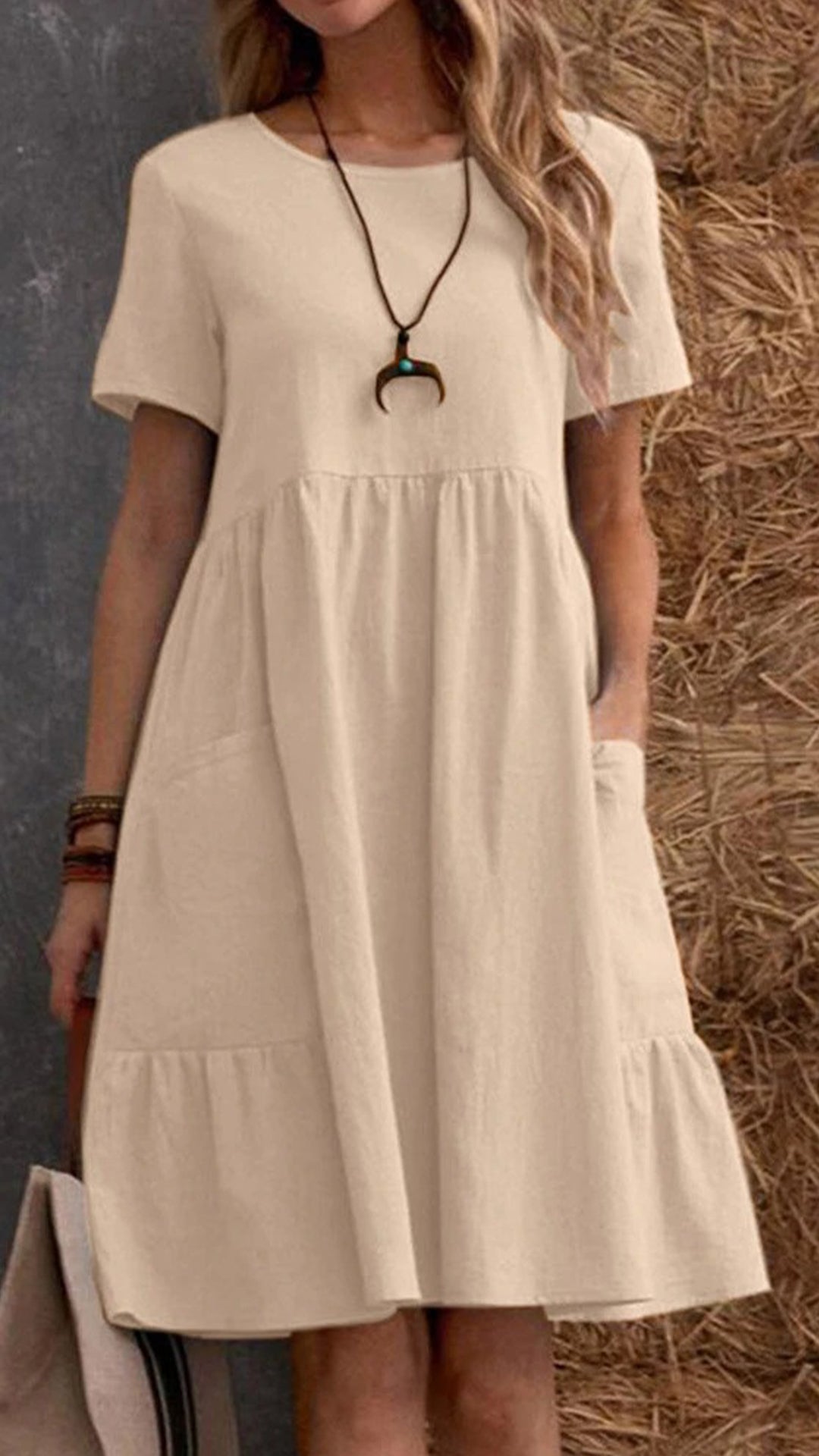 Women’s Cotton-Linen Round Neck Ruffle Hem Dress