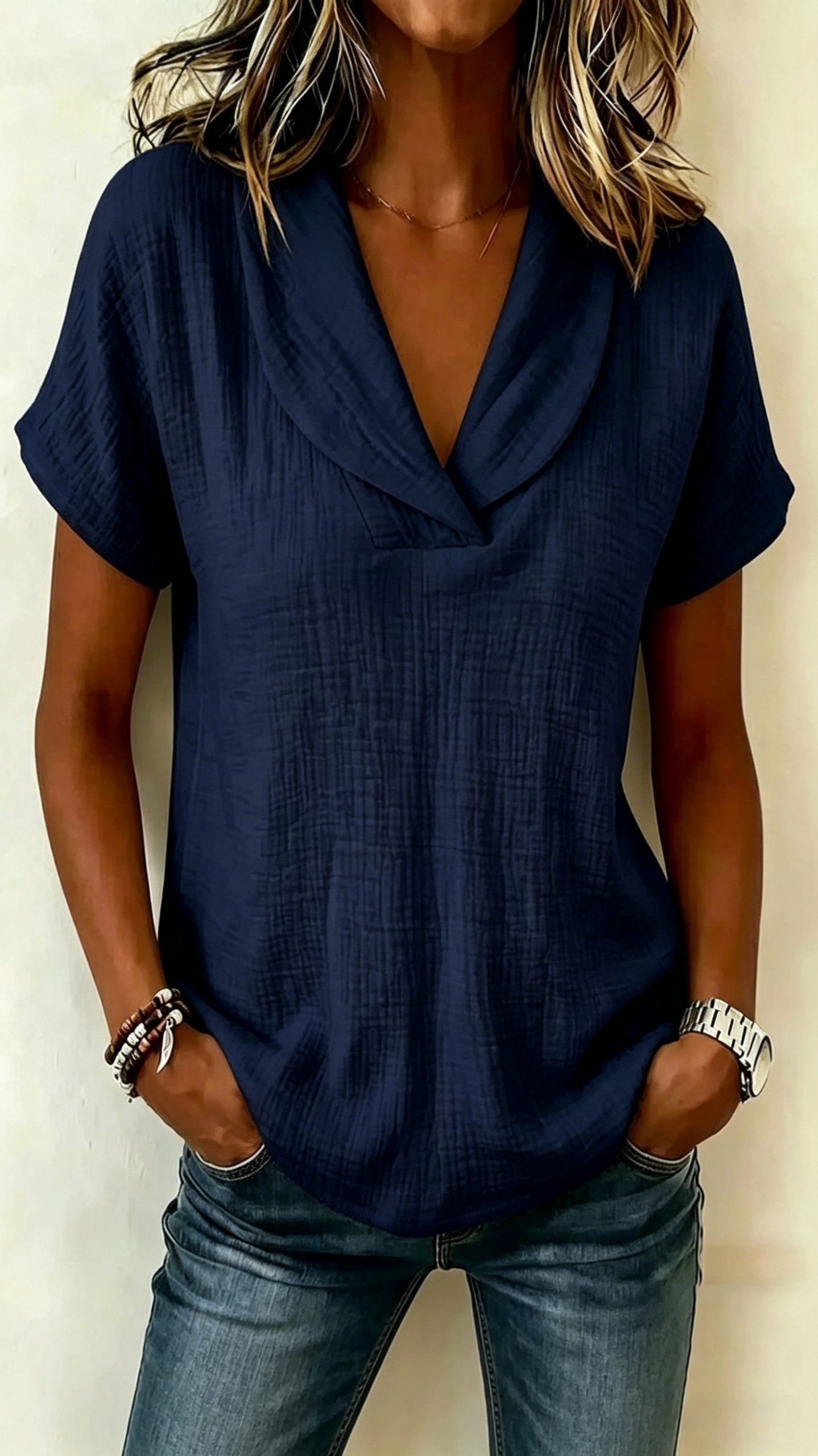 Women’s Short-Sleeve Crepe V-Neck Casual Fashion T-Shirt