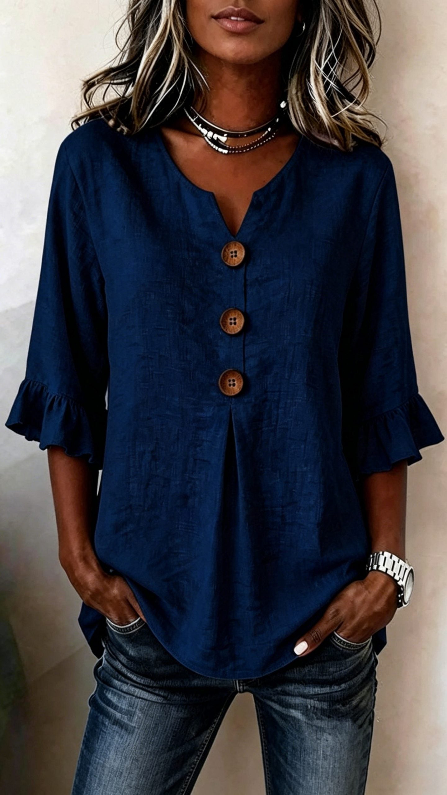 Women’s V-Neck Cotton-Linen Button-Up Top