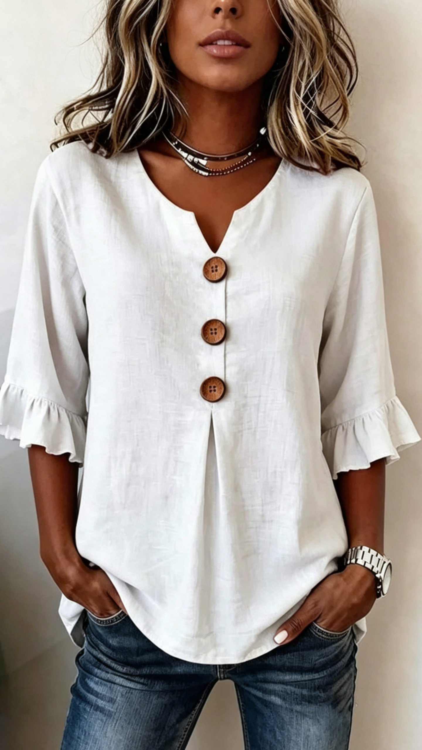 Women’s V-Neck Cotton-Linen Button-Up Top