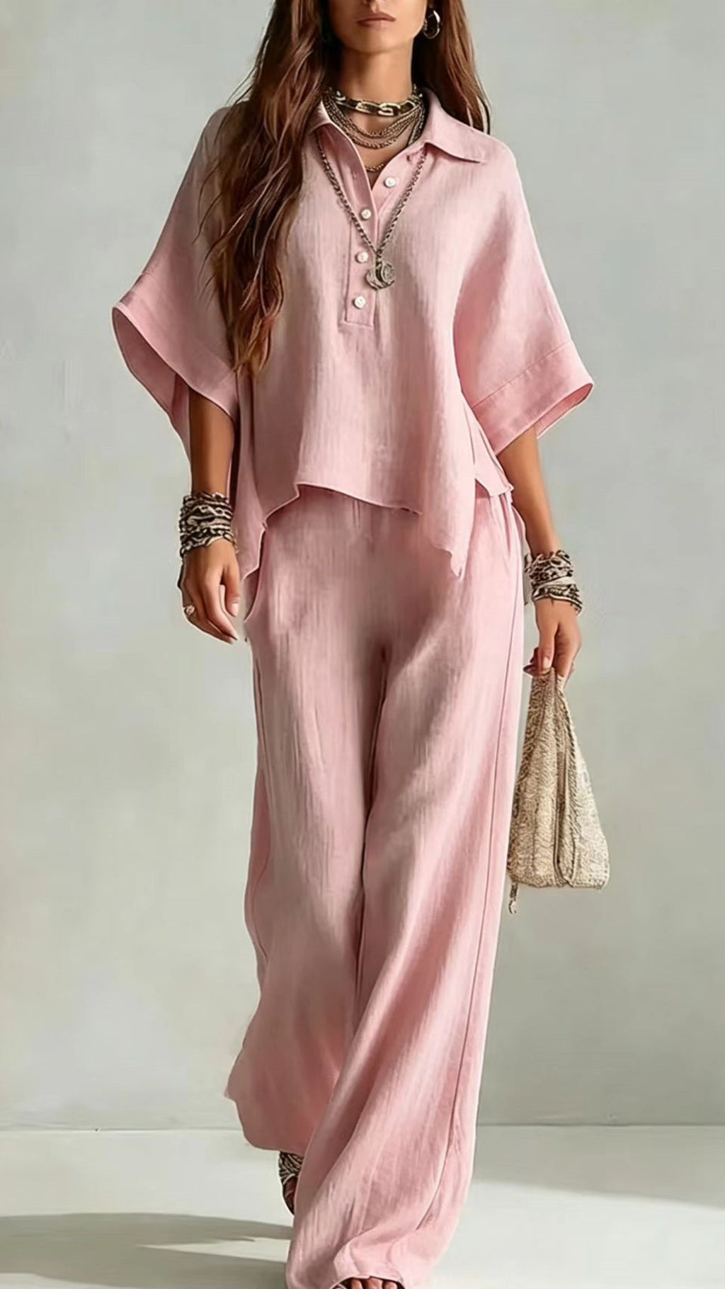 Women’s Cotton-Blend Henley Neck Wide-Leg Pants Set
