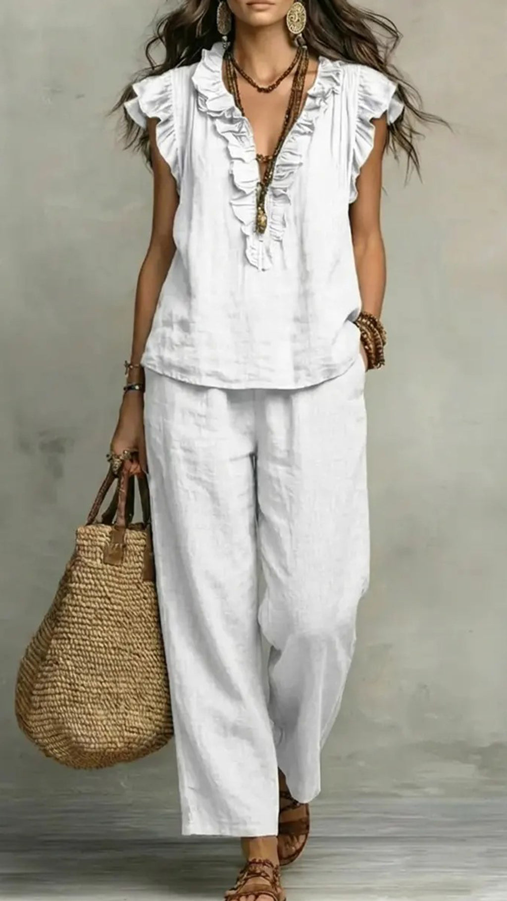 Women’s Cotton-Blend Ruffle V-Neck & Wide-Leg Pants Set