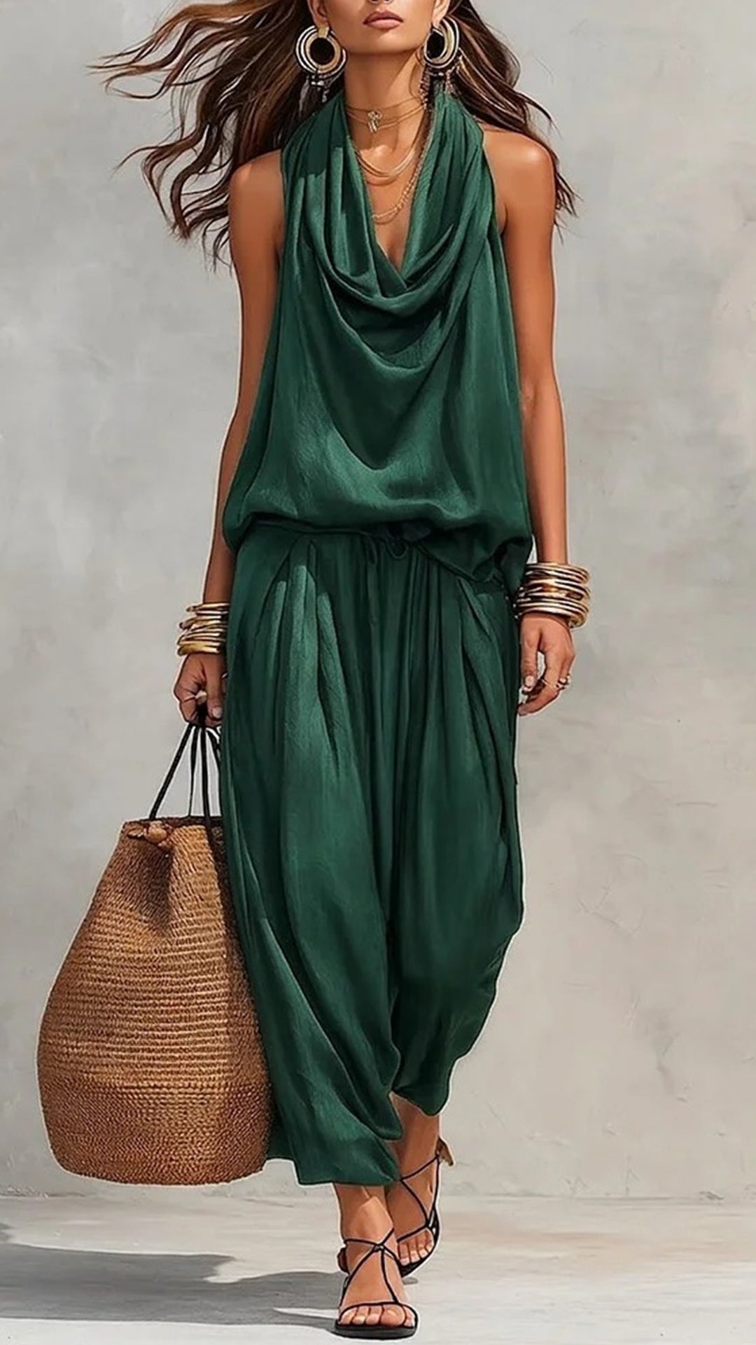 Women’s Cotton-Blend Cowl Neck Sleeveless Wide-Leg Pants Set
