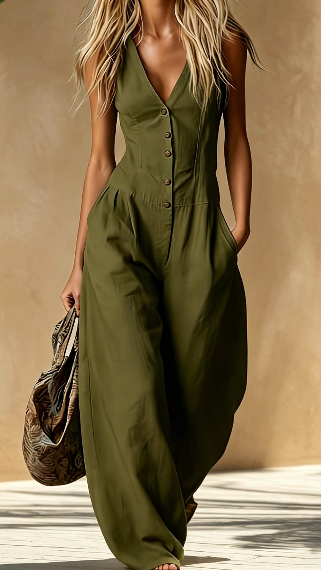 Women’s Cotton-Blend V-Neck Sleeveless Wide-Leg Jumpsuit