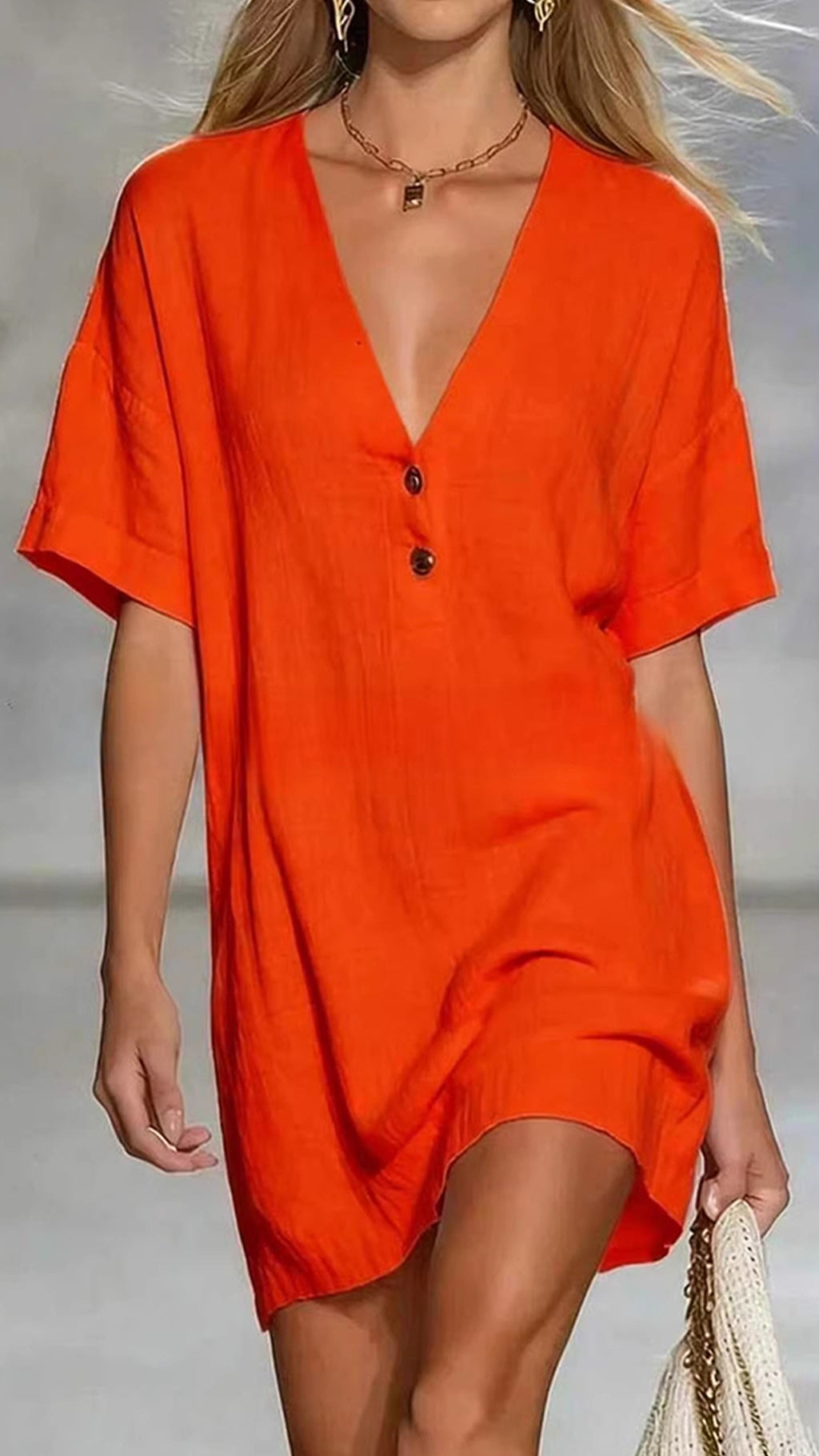 Women’s Linen-Cotton V-Neck Loose Shift Dress