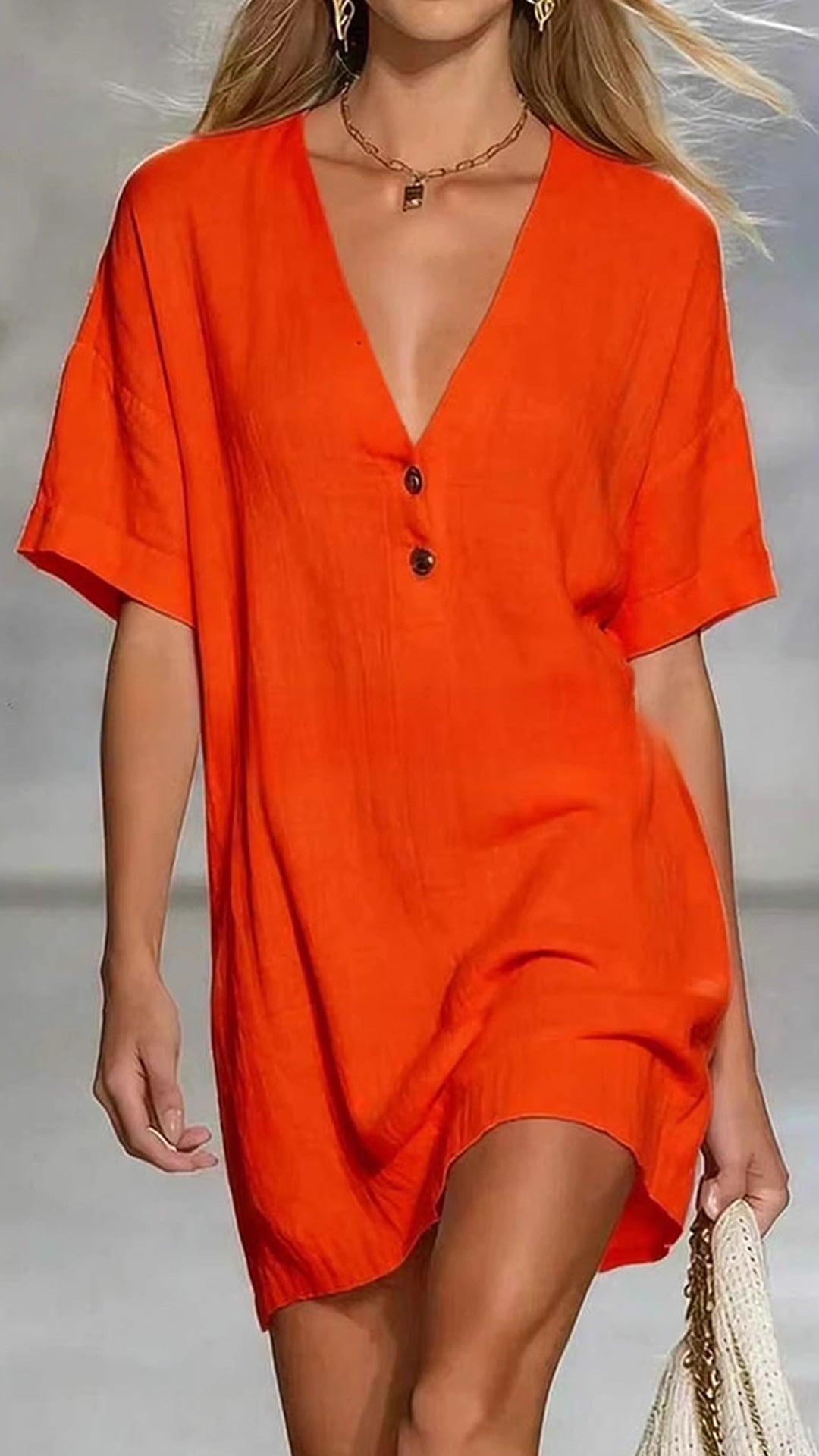 Women’s Linen-Cotton V-Neck Loose Shift Dress