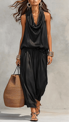 Women’s Cotton-Blend Cowl Neck Sleeveless Wide-Leg Pants Set