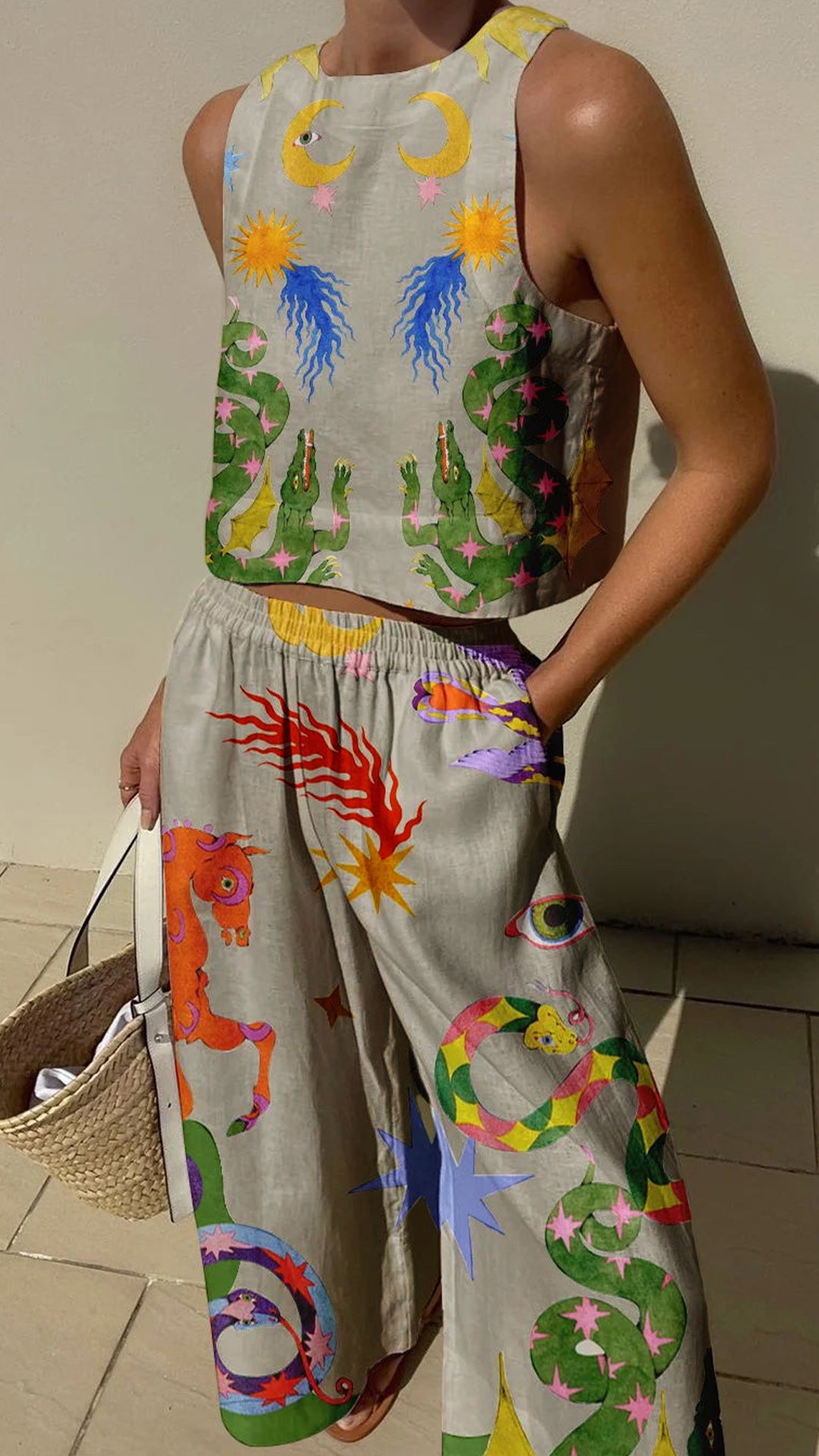 Women’s Linen-Cotton Blend Whimsical Print Tank Top & Wide-Leg Pants Set