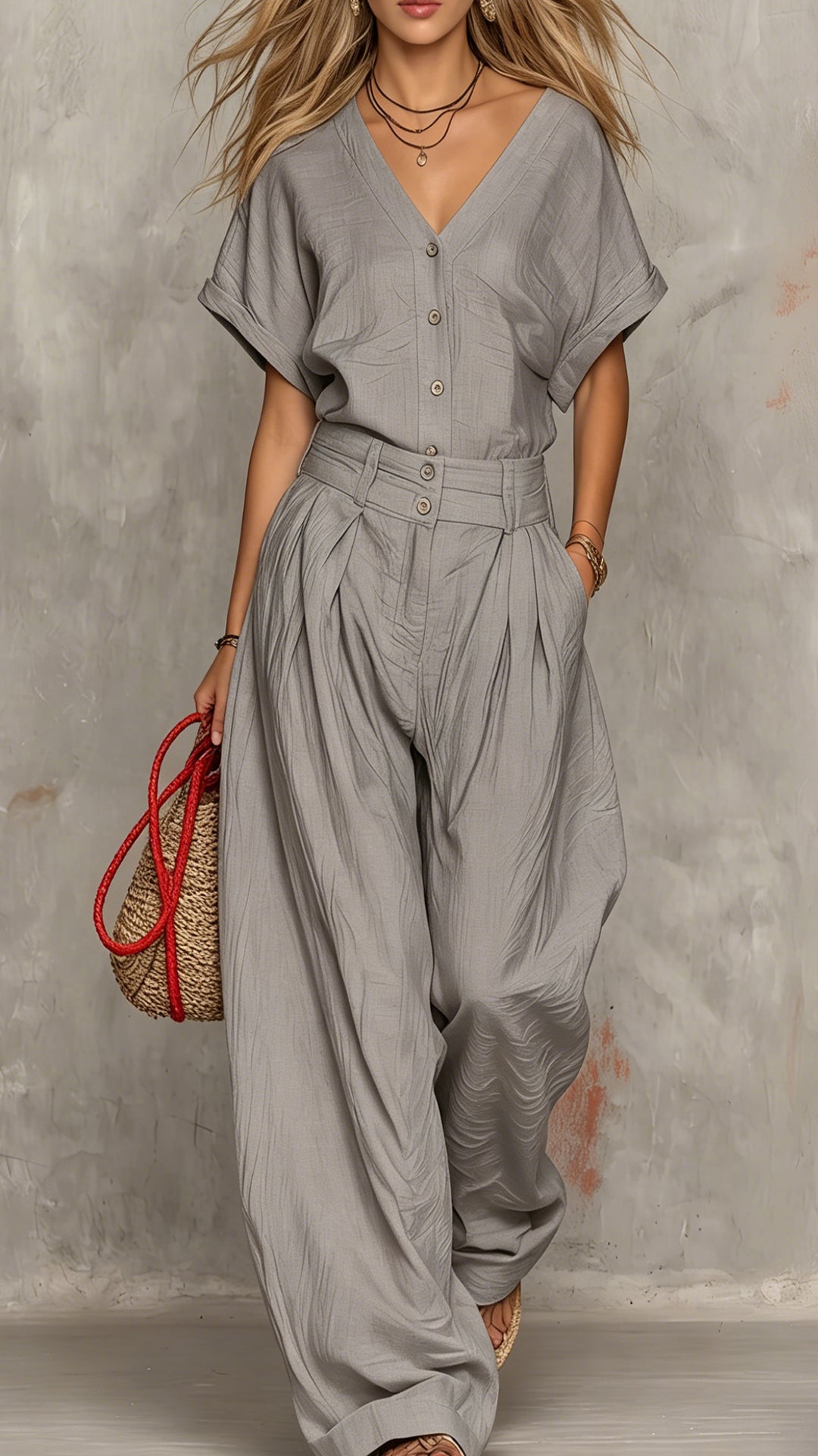 Women’s Cotton-Blend Textured V-Neck Top & Wide-Leg Pants Set