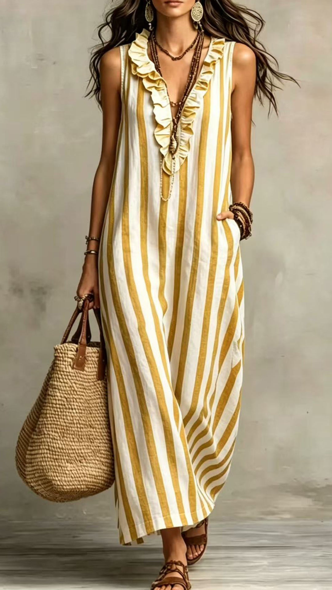 Women’s Cotton-Blend Striped Sleeveless Maxi Dress