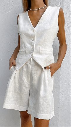Women’s Cotton-Linen Blend V-Neck Waistcoat & High-Waisted Shorts Set