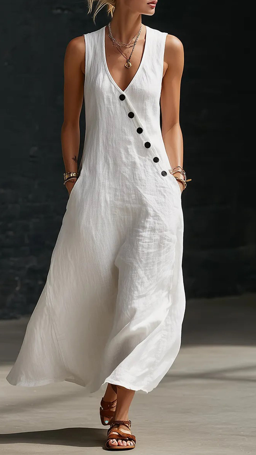 “Effortless Chic” Style V-Neck Button-Front Cotton-Linen Maxi Dress — Sleeveless Tank Dress