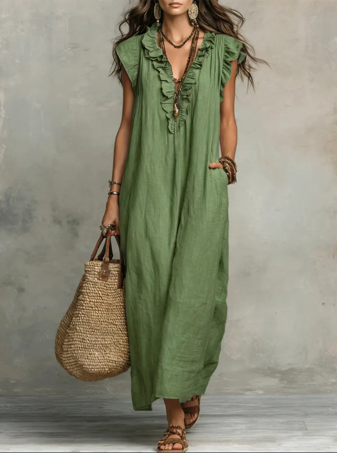 Women’s Solid Color Ruffled Art Casual Fashion Cozy Cotton Linen Dress