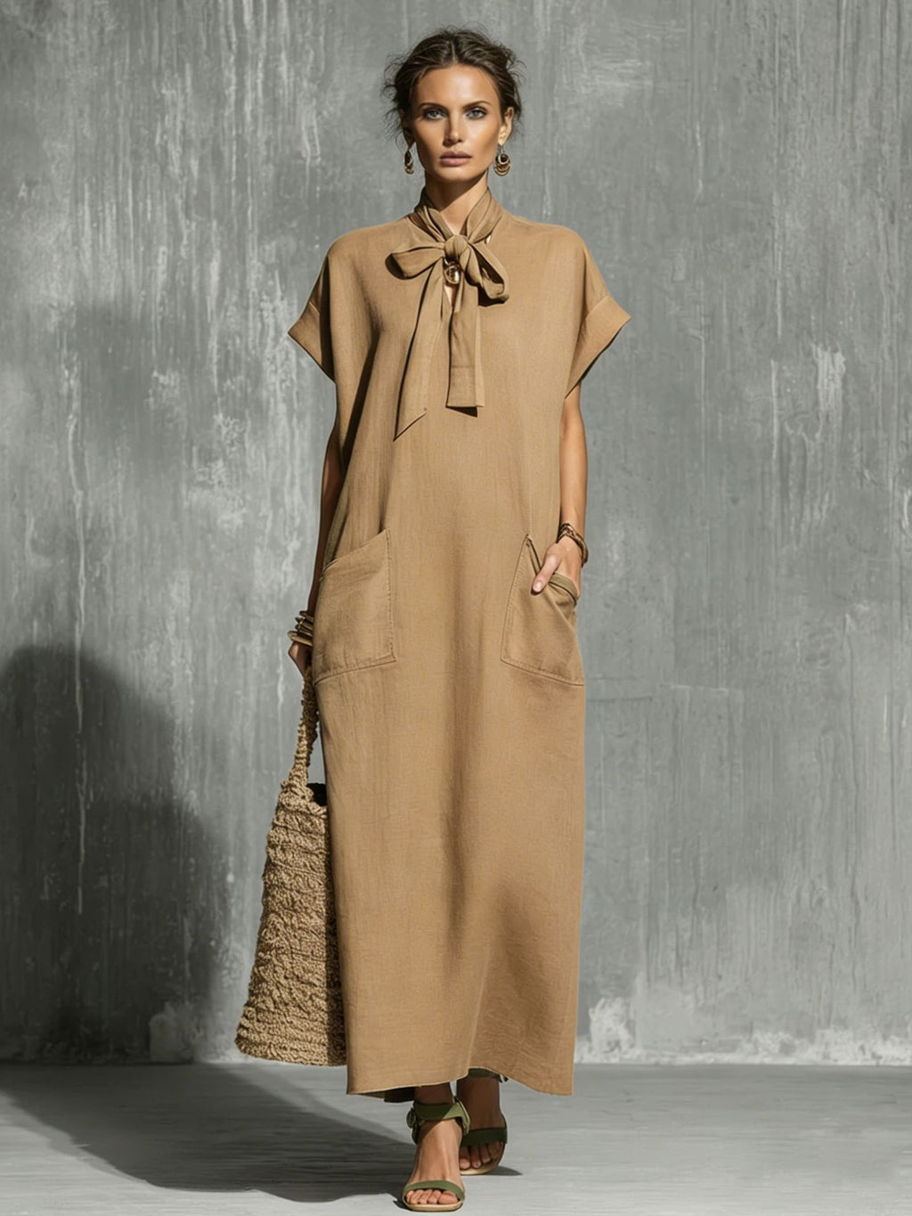 Women’s Solid-color V-neck Short-sleeve Casual Loose Cotton-linen Dress